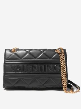 Valentino Black Quilted Logo Crossbody with Gold Chain Strap